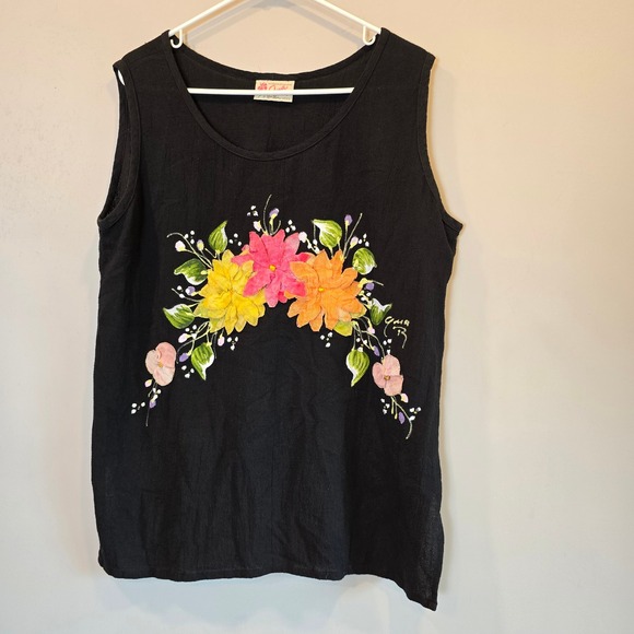 Vintage Tops - Vintage Black Tank Top with Hand-Painted Floral Motif